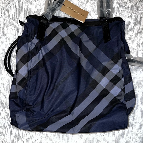 Nylon Check Small Buckleigh Packable Tote Navy Blue - Picture 2 of 5